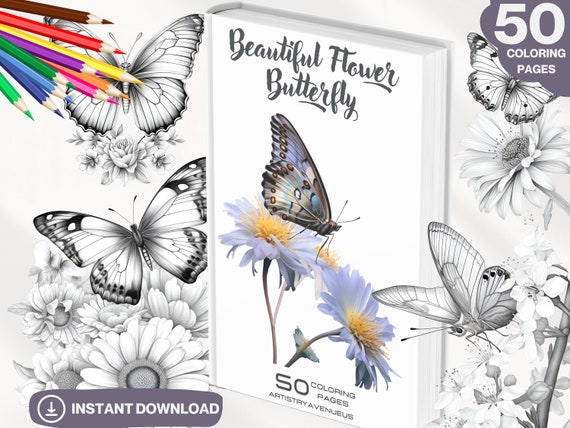 Flower Butterfly Coloring Book: 50 Grayscale Pages (Printable PDF)