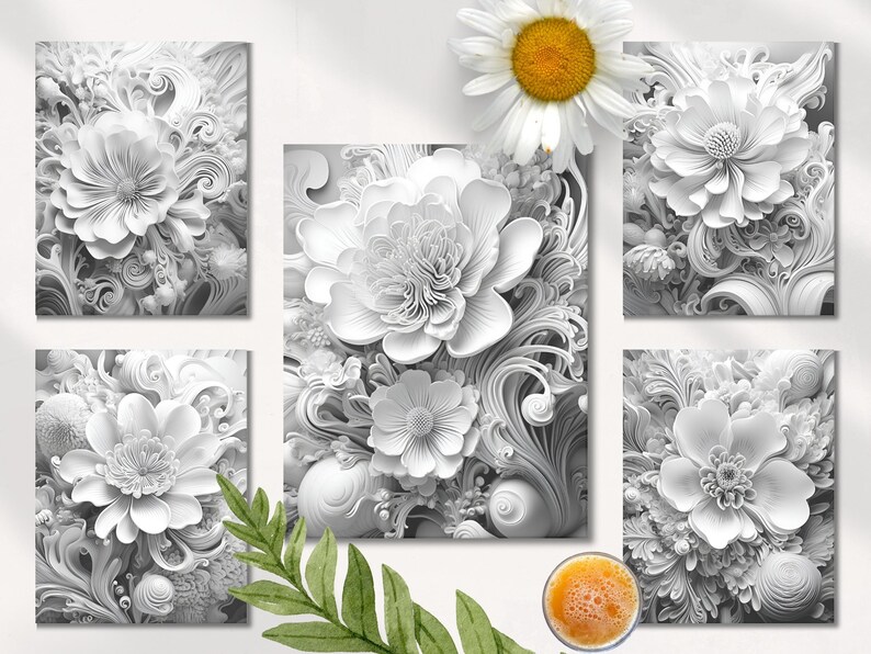 May include: Five black and white digital art prints featuring intricate paper flower designs. Each print features a different arrangement of flowers and swirls.