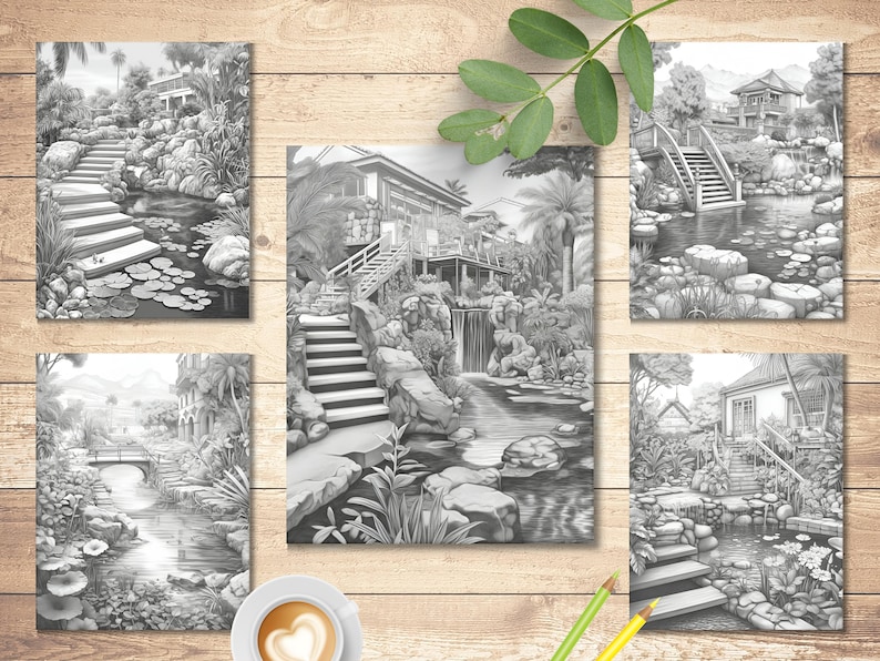 May include: Five black and white illustrations of different garden scenes. Each scene features a house, a pond, and a stone path. The illustrations are drawn in a realistic style.