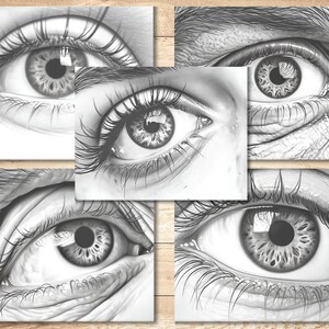 May include: Five close-up black and white pencil drawings of human eyes. Each eye is drawn with intricate detail, showing the eyelashes, wrinkles, and the iris.