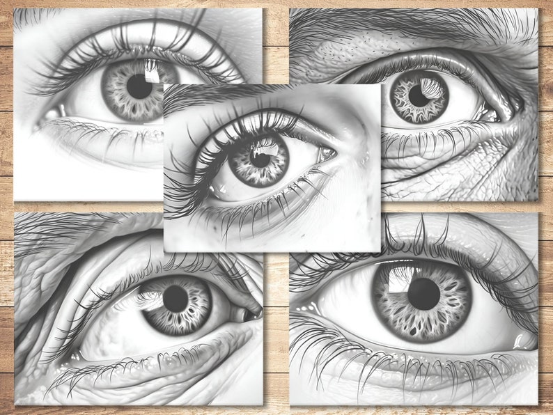 May include: Five close-up black and white pencil drawings of human eyes. Each eye is drawn with intricate detail, showing the eyelashes, wrinkles, and the iris.