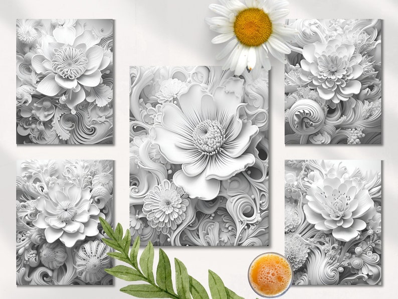 May include: Five black and white framed prints of paper flowers with intricate details. The flowers are arranged in a bouquet-like formation with swirling patterns and textures.