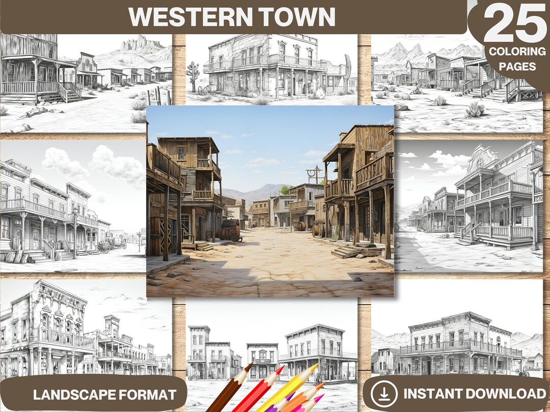 Western Town Coloring Book | Days Era Historic Architecture Coloring Pages | for Adults and Kids ...