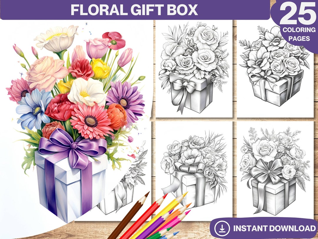 Box Color Book Floral Gift Box Coloring Book | Adults Kids Instant Download Grayscale ...