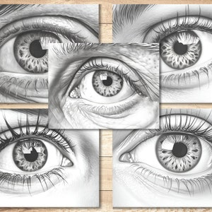 May include: A collage of five black and white pencil drawings of human eyes. Each eye is drawn in detail, showing the iris, pupil, eyelashes, and surrounding skin.