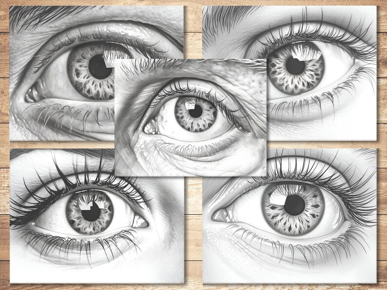 May include: A collage of five black and white pencil drawings of human eyes. Each eye is drawn in detail, showing the iris, pupil, eyelashes, and surrounding skin.