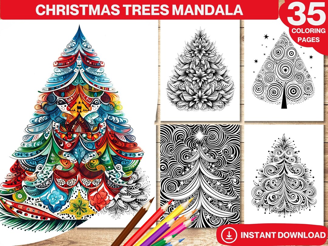 Christmas Trees Mandala Coloring Book, PDF, Printable Coloring Pages