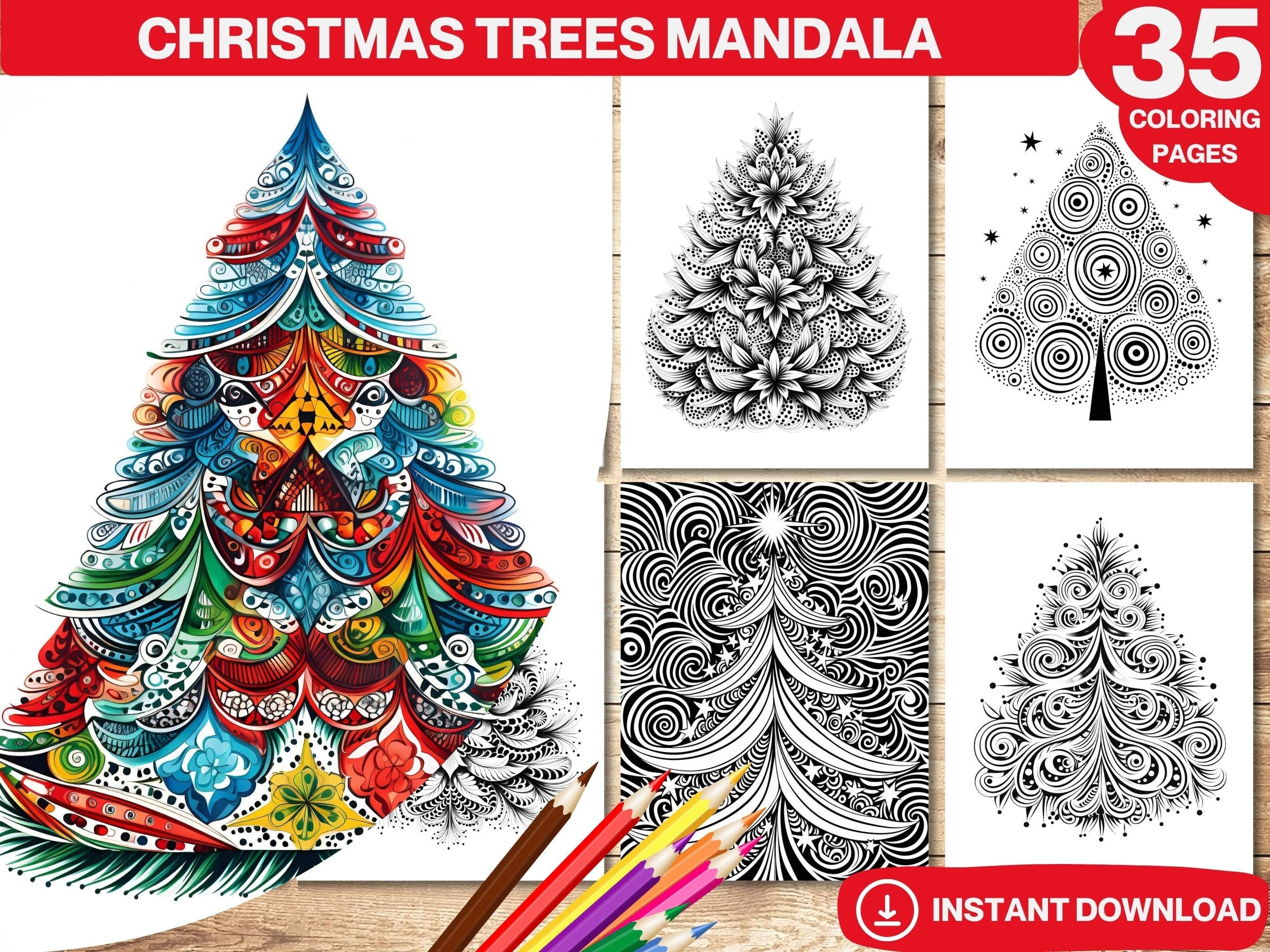buy christmas tree mandala coloring book: 35 printable pages (pdf