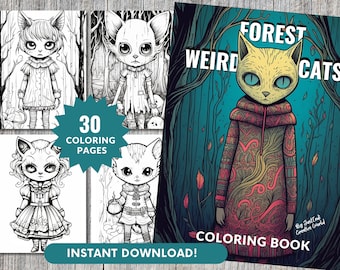 Forest Weird Cats,Coloring Book For Adults and  Kids.Coloring Pages Printable,Instant Pdf Download.