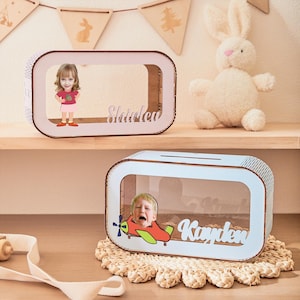 Huchas personalizadas con caras a partir de imágenes: regalos de cumpleaños para bebés, frascos de dinero con nombres, regalos para niños pequeños, regalos para guarderías, regalos para el primer cumpleaños