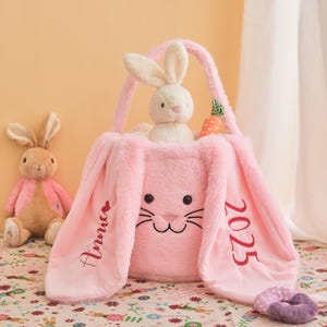 Personalisierter Kinderaufbewahrungskorb mit Namen, Hasenohren-Plüschkorb für Ostern, Taufe oder Babyzimmerdekoration