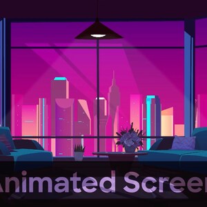 Può includere: Un'illustrazione di un cartone animato di un soggiorno con due divani uno di fronte all'altro. La stanza ha una grande finestra con vista su uno skyline notturno della città. Il testo "Animated Screen" è nella parte inferiore dell'immagine.