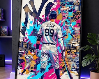 May include: A framed poster featuring a New York Yankees baseball theme with a central figure wearing a pinstriped jersey with the name JUDGE and number 99. The artwork includes vibrant pink and blue paint splatters, multiple baseball player illustrations, and the large NY logo against a stadium background.
