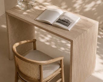 Fluted Travertine Table – Ribbed Pedestal Accent Table