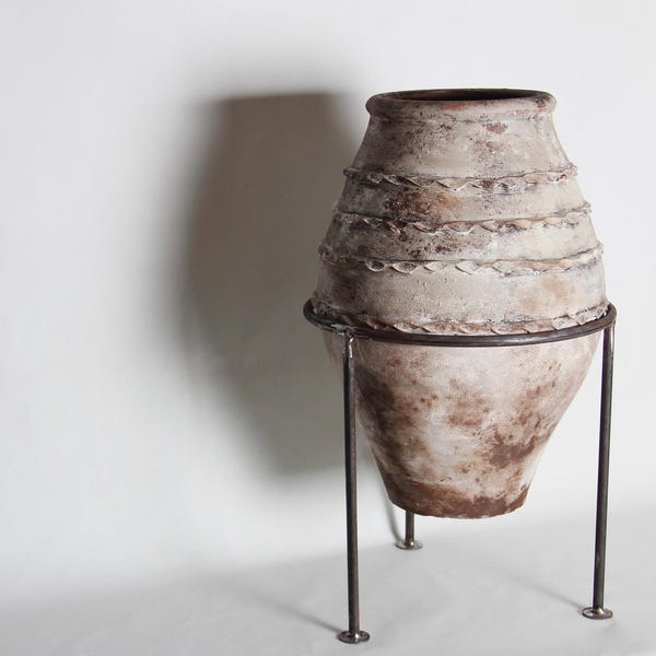 Handmade Turkish Clay Amphora Vase: 1950s Vintage Pottery
