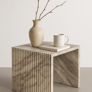 Fluted Marble Side Table – Ribbed Pedestal Accent Table (Calacatta, Travertine, Carrera) image 3