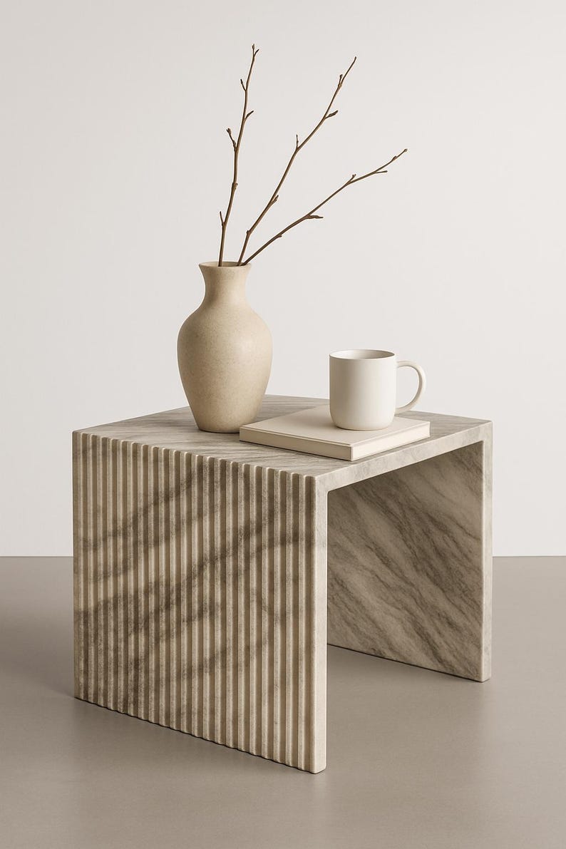 Fluted Marble Side Table – Ribbed Pedestal Accent Table (Calacatta, Travertine, Carrera) image 3