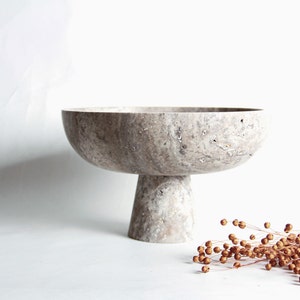 9.8” Handcrafted Travertine Pedestal Bowl, Minimalist Stone Decor, Modern Centerpiece, Natural Marble Fruit Bowl, Gift For Home
