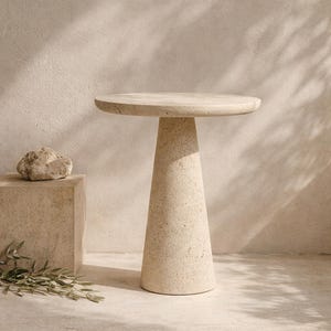 Op de afbeelding: Een beige, steenachtige bijzettafel met een rond blad en een conische voet. De tafel is ongeveer 61 cm hoog. Een stenen kubus en een rots bevinden zich links van de tafel, met een takje groen. De achtergrond is neutraal beige.
