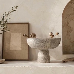 Handmade Travertine Pedestal Bowl -  Natural Stone Decorative Centerpiece