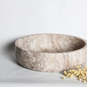 Large Travertine Hand-made Bowl I Centerpiece Pot I Stone Catchall Dark Beige