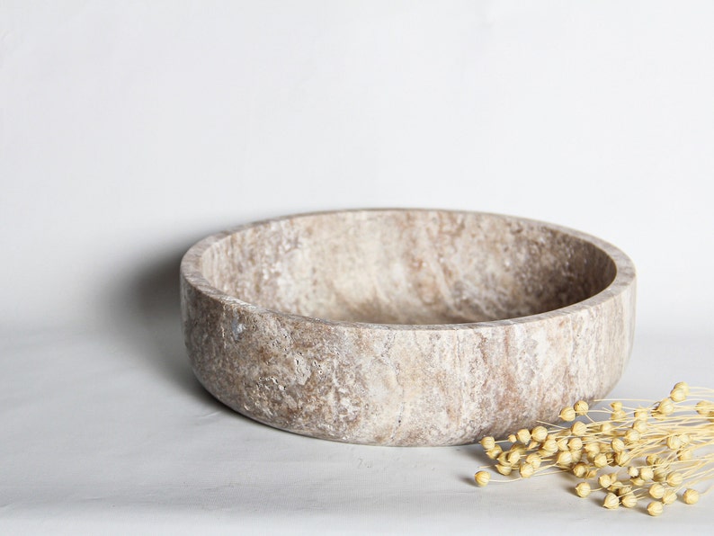 Large Travertine Hand-made Bowl I Centerpiece Pot I Stone Catchall Dark Beige