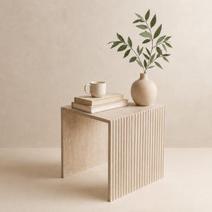 Fluted Marble Side Table – Ribbed Pedestal Accent Table (Calacatta, Travertine, Carrera) image 1