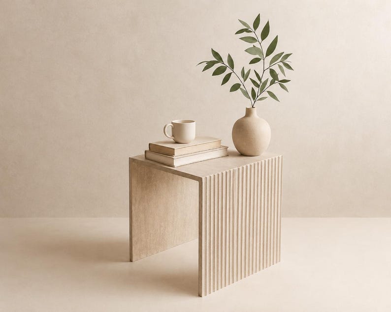 Fluted Marble Side Table – Ribbed Pedestal Accent Table (Calacatta, Travertine, Carrera) image 1