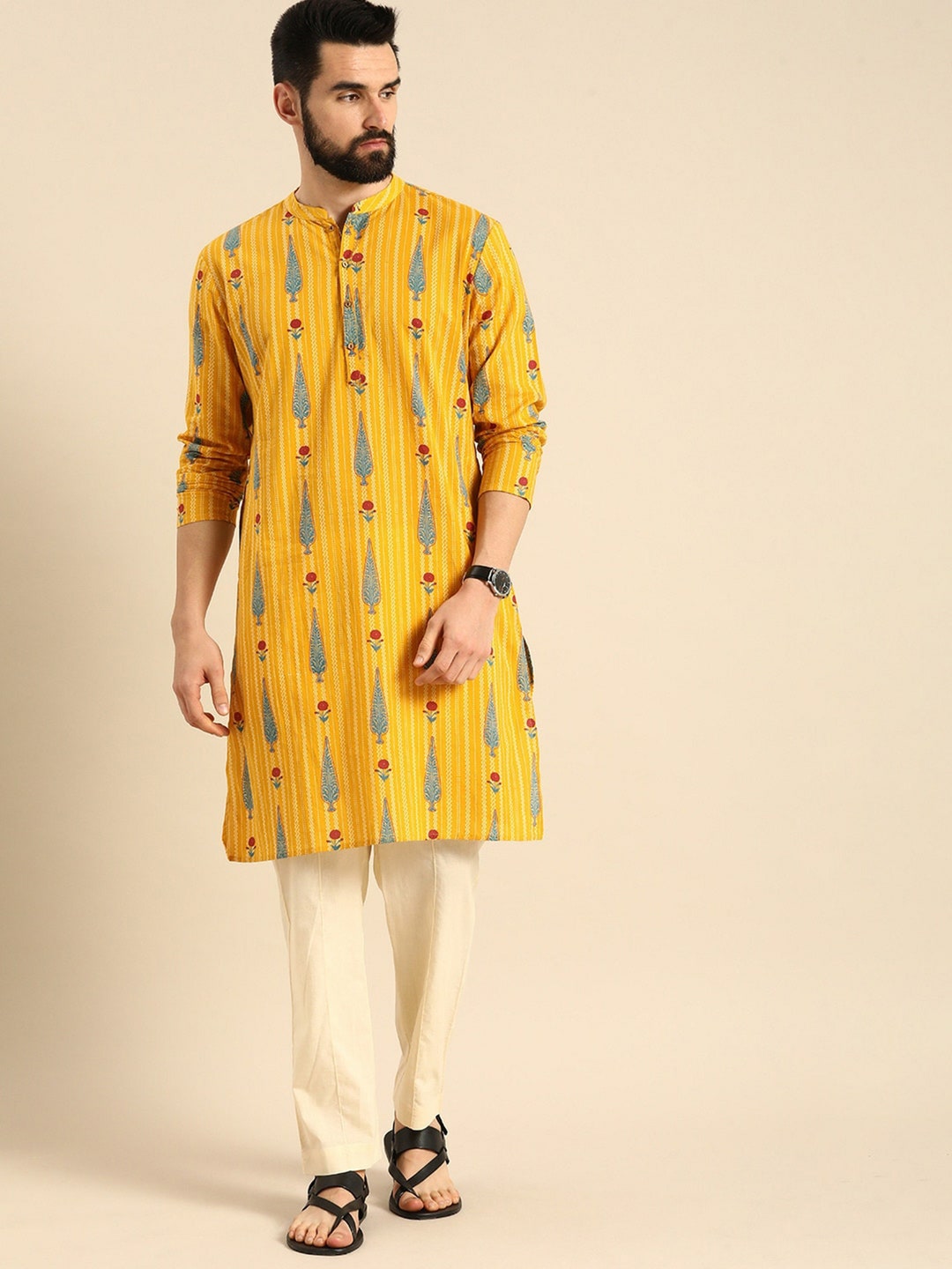 Men Mustard Yellow Kurta With Trousers Printed Cotton Kurta Etsy