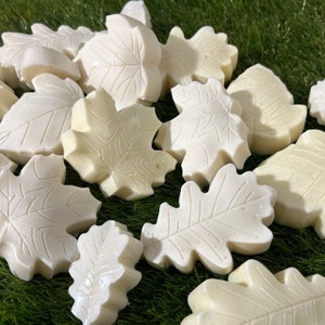 May include: A collection of white, leaf-shaped soap bars with detailed designs. The soaps are arranged on a green grassy surface.