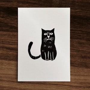 Gato – impresión lino original, linograbado en formato A6