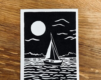 Barco – impresión lino original, linograbado en formato A6