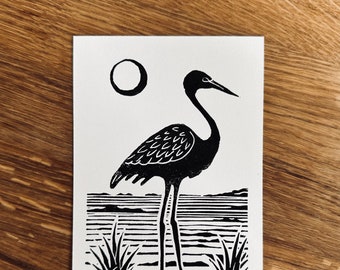 Crane – original lino print, linocut in A6 format