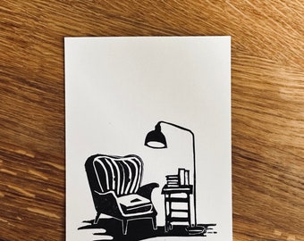 Armchair – original lino print, linocut in A6 format