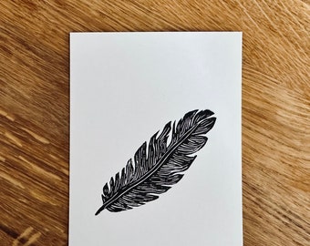 Feather - Original lino print, linocut in A6 format
