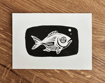 Fish – original lino print, linocut in A6 format