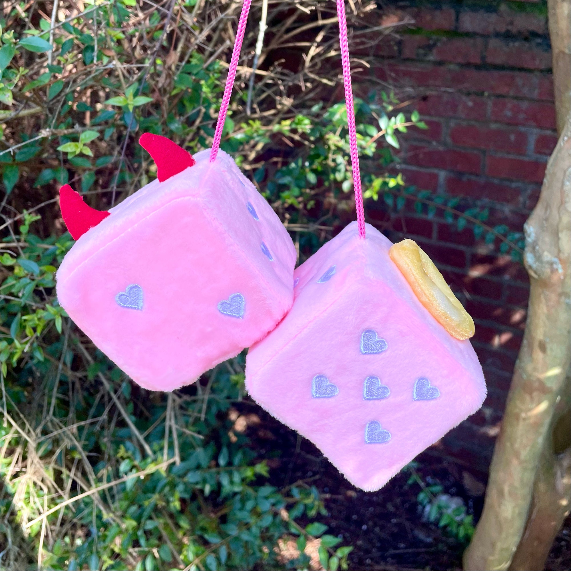 Oversized Pastel Pink Fuzzy Dice with Red Hearts, Car Accessories, Gifts  for Teens, Boho Aesthetic Decor, Home Accents