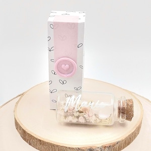 Demande marraine, annonce fiole marraine, naissance, grossesse, félicitations, fiole à message, fleurs séchées, cadeau personnalisé bébé