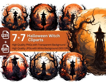 Halloween-häxsilhuett Clipart-paket: Mystisk fullmånegrafik (PNG JPG)