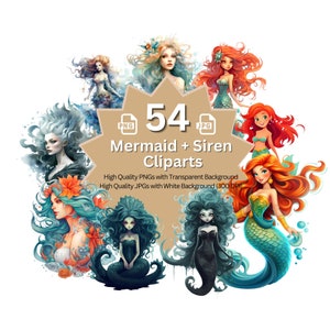 Sirène + sirène Megabundle 54 + 54 haute qualité PNGs livre Clipart conte de fées Art carterie Clip Art papier artisanat enfants livre graphique