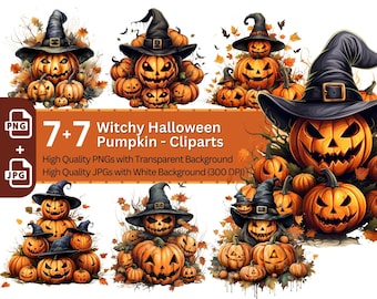 Witchy Halloween Pumpkin Clipart Bundle (PNG, JPG)