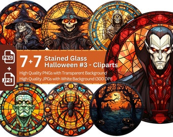 Halloween Stained Glass Design 7+7 PNG Clip Art Bundle Gothic Halloween Design Card Making Paper Crafting Book Clipart Novel Graphics