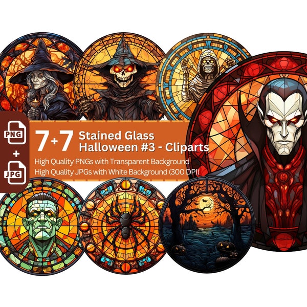 Halloween Stained Glass Design 7+7 PNG Clip Art Bundle Gothic Halloween Design Card Making Paper Crafting Book Clipart Novel Graphics