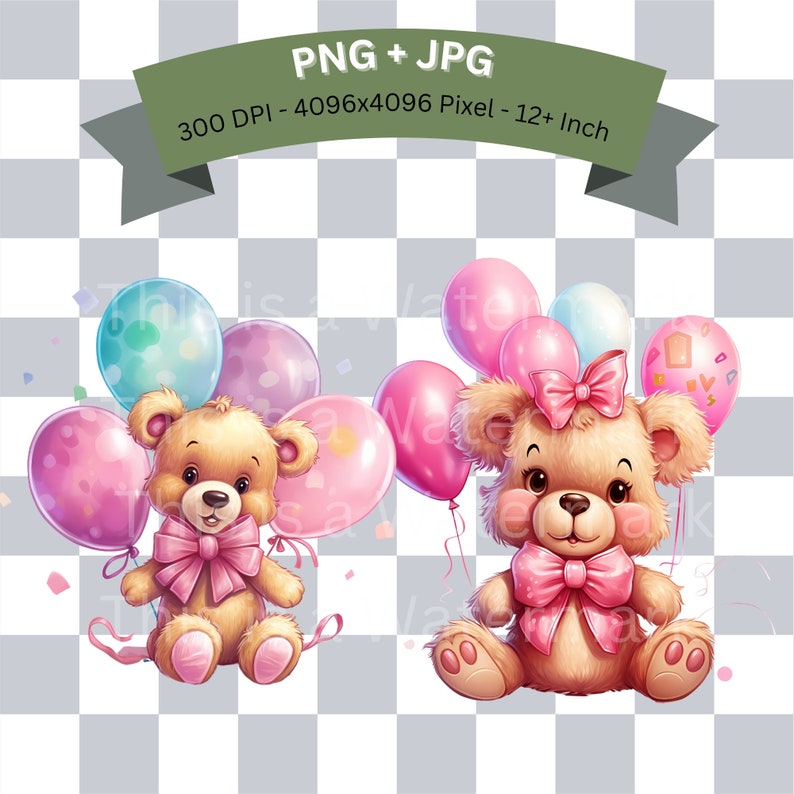 Pink Teddy Bear Clipart Bundle: Birthday Balloons (PNG JPG Digital ...