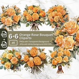 Orange Rose Bouquet Clipart PNG Bundle Flower Digital Paper Crafting Graphic Floral Design Card Making Orange Rose Flower Wedding