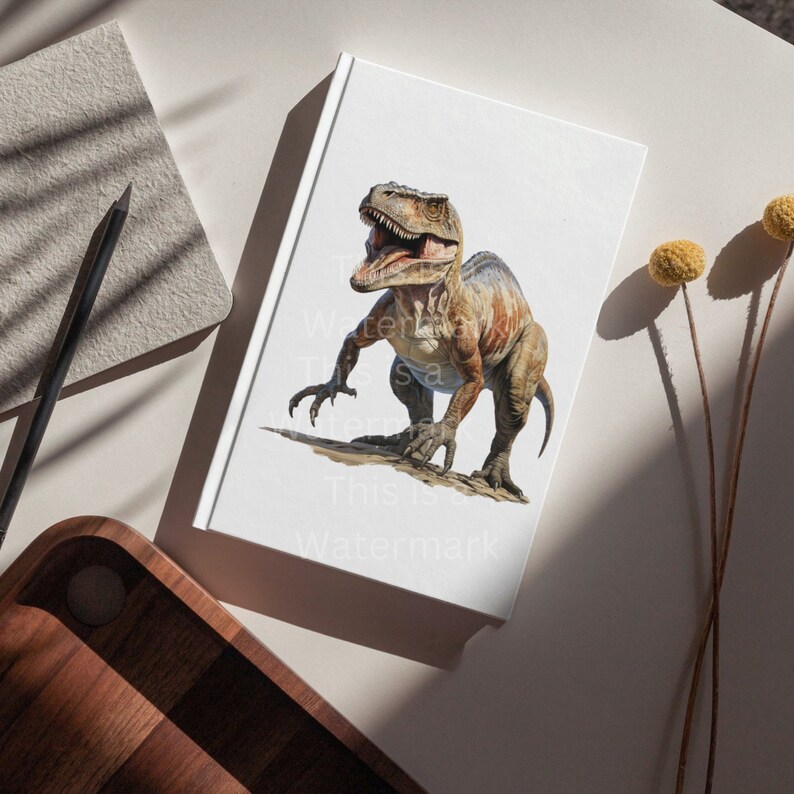 May include: A white notebook with a realistic illustration of a brown and gray dinosaur on the cover. The dinosaur is standing on its hind legs with its mouth open and its teeth showing. The dinosaur is surrounded by a brown and green background.