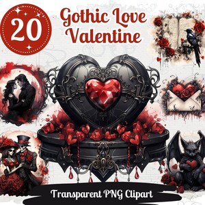 Pacchetto PNG di amore gotico da 20 set Set di San Valentino romantico Kit di creazione di carte clipart gotiche per diario spazzatura Coppia romantica di vampiri