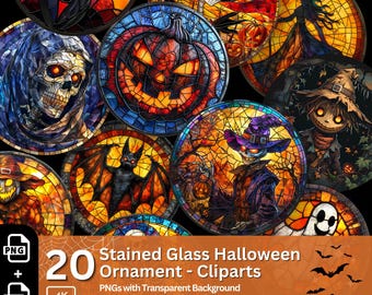 Stained Glass Halloween Clipart: Spooky Ornament PNG Bundle (Digital Download)