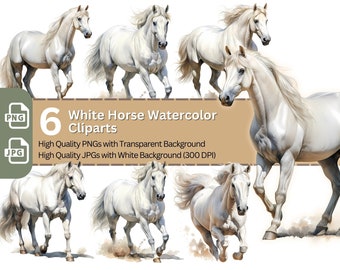 White Horse Watercolor Clipart: 6 PNGs for Nursery Art (Digital Download)