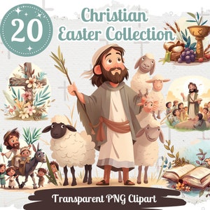 Clipart de Páscoa Cristã 20 PNG Pacote Coleção Religiosa Fofa para Crianças Jesus Cristo Cliparts História da Bíblia Ilustrações Ele ressuscitou